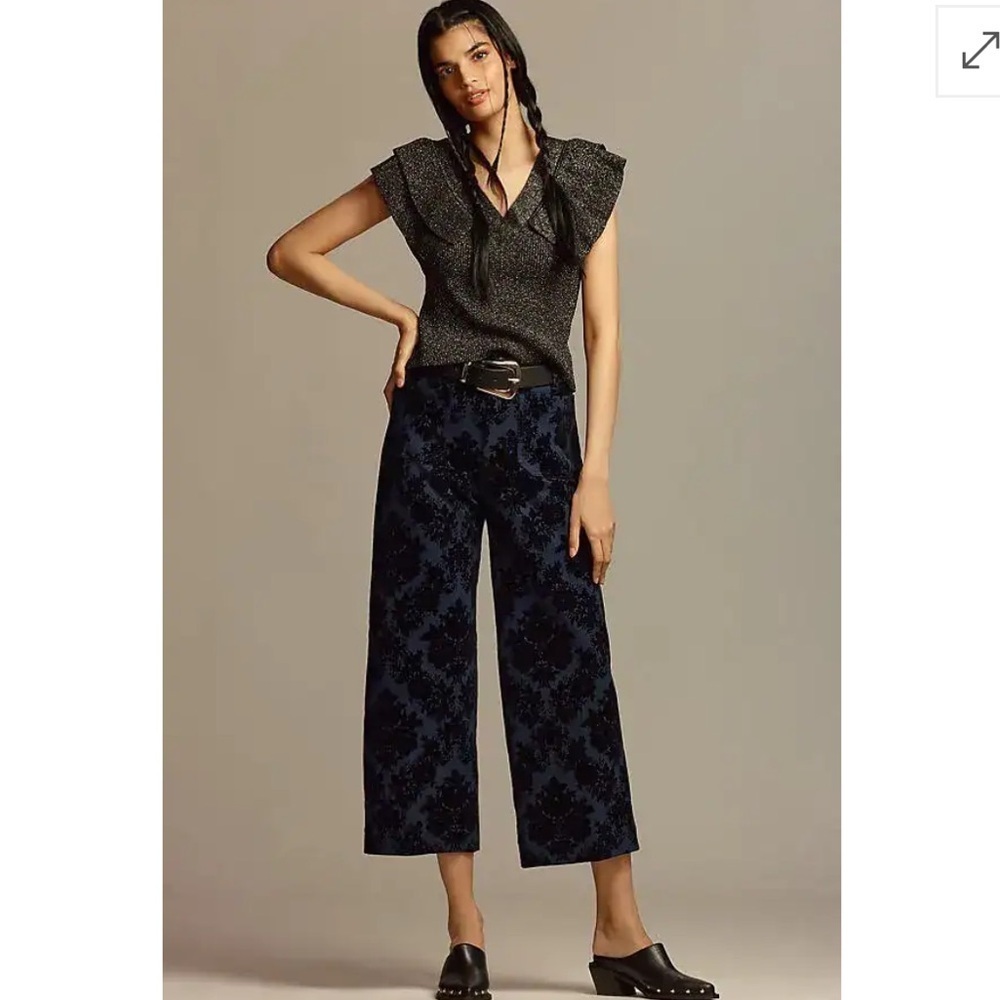Anthropologie Maeve The Colette Cropped Wide Leg Pants Floral Velvet Ponte